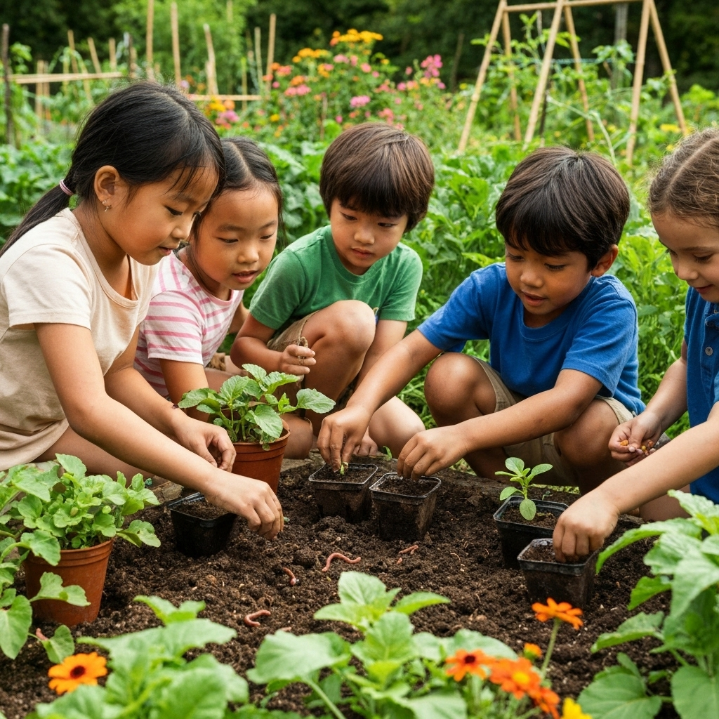 Niños aprendiendo sobre agroecología